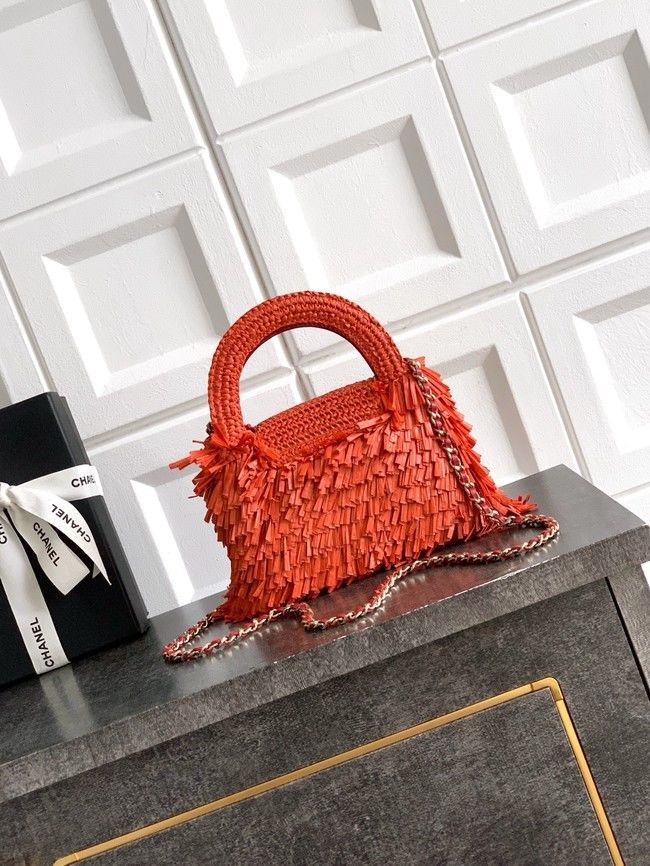 CHANEL Mini Shopping Bag Raffia-Effect Fabric AS4416 orange red CHANEL Mini Shopping Bag Raffia-Effect Fabric AS4416 orange red