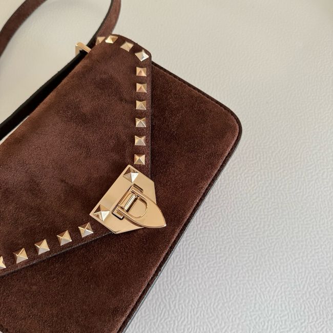 VALENTINO ROCKSTUD Small suede Shoulder Bag B0T76 dark brown
