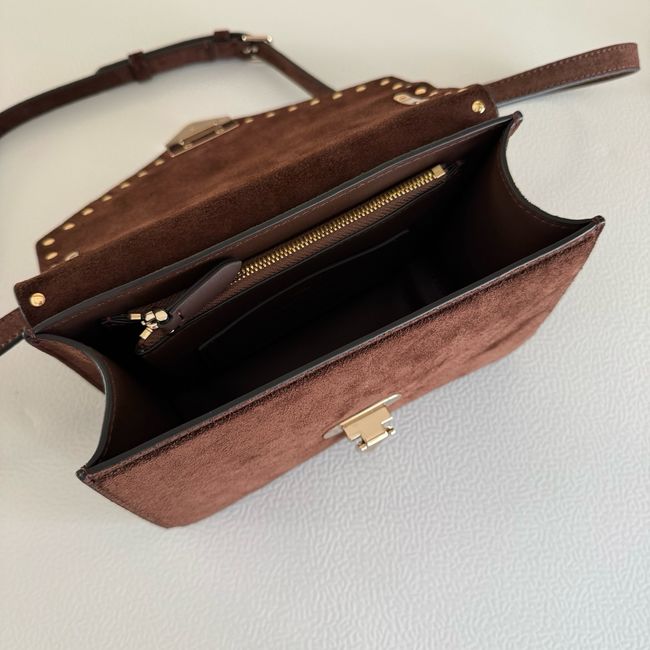 VALENTINO ROCKSTUD Small suede Shoulder Bag B0T76 dark brown