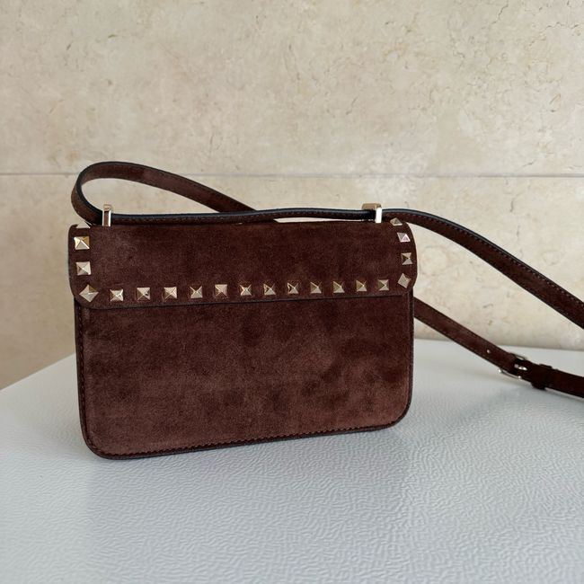 VALENTINO ROCKSTUD Small suede Shoulder Bag B0T76 dark brown