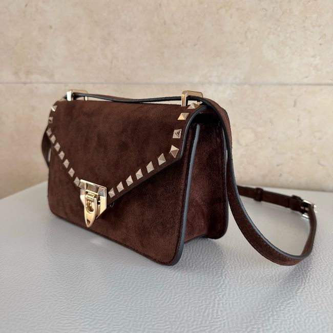 VALENTINO ROCKSTUD Small suede Shoulder Bag B0T76 dark brown