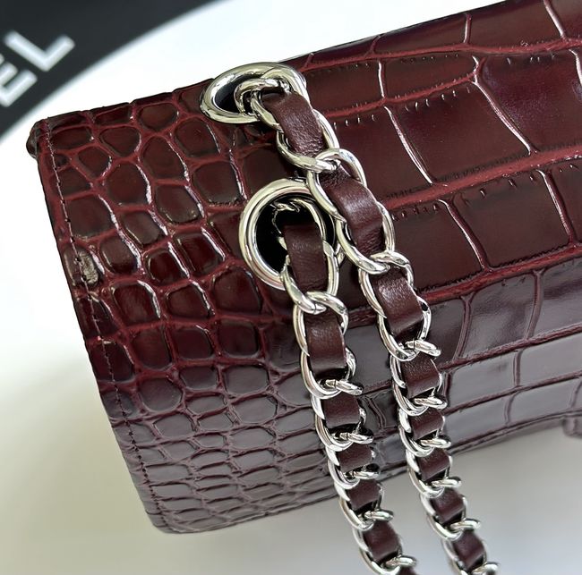 Chanel Small Flap Bag Crocodile Embossed 1112 Dark Burgundy&silver