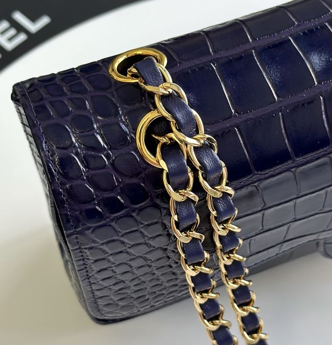 Chanel Small Flap Bag Crocodile Embossed 1112 dark blue&gold