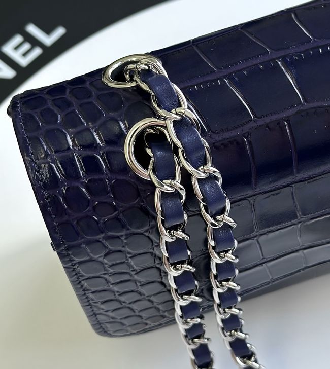 Chanel Small Flap Bag Crocodile Embossed 1112 dark blue&silver