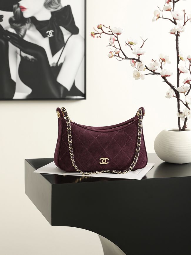 CHANEL Hobo Bag Suede AS6640 Burgundy