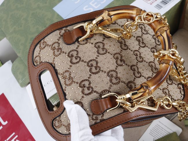 Gucci embroidered small tote bag 735116 brown