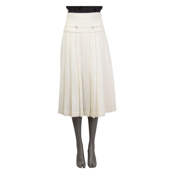 Chanl 2017 Pleated Lurex High Waist Midi Skirt Ivory 17K Wool Blend