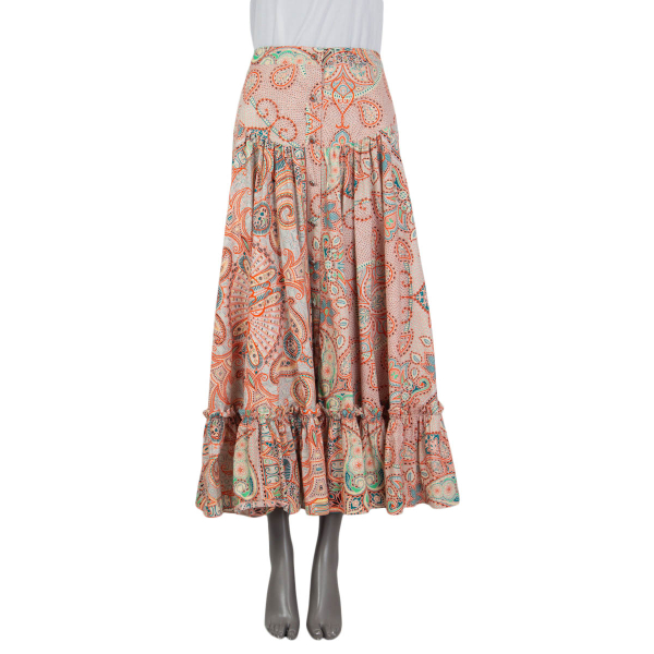 Etro Papaya Gathered Printed Cotton Poplin Midi Skirt Orange